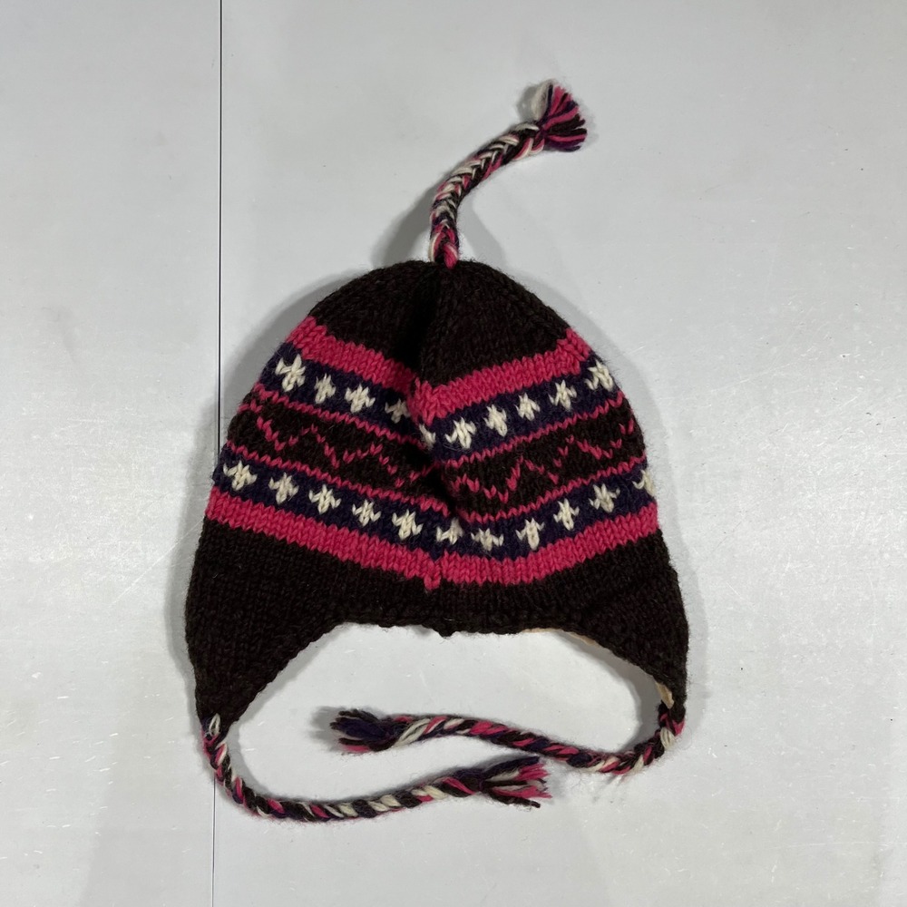 Womens Nordic Granola Handmade 100% Wool Fair Isle Ear Flap Hat Fleece Lined L
